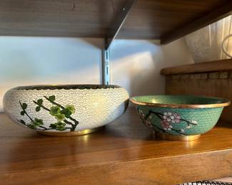 White Cloisonné Bowl with Bird Design, Turquoise Cloisonné Bowl with Floral Design