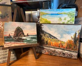 Oregon Coast Oil Painting by Minnie Wonsmos, Tropical Beach Scene Oil Painting by M.B., Autumn Landscape Oil Painting by R.S.W