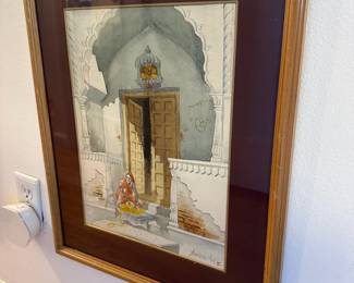 1999 Framed & Matted Watercolor of Woman In Front of Hindu Temple by Amitava De Sarkar