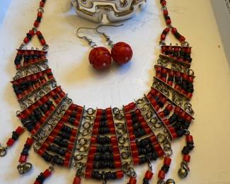Modernist Bangle Bracelet, Carved Cinnabar Dangle Earrings, Red and Black Beaded Necklace with Dangling Charms