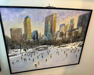 Framed Oil Painting of Ice Skaters in Central Park