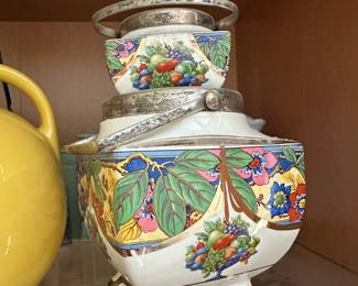 Ceramic Hand Painted Cookie Jar with Floral and Fruit Motifs Design with Matching Salt Cellar