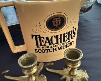 Teacher's Highland Cream Scotch Whiskey Jug, Pair of Brass Dragonfly Candle Stick Holders