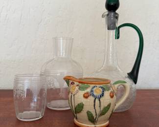 Matching Fostoria Virginia Clear Etched Glass Number and Vase, Green/Clear Art Glass Decanter, Japan Floral Majolica Creamer