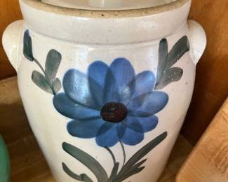 Stoneware Crock with Painted Blue Flower Design