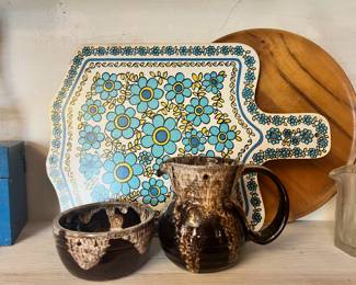 Retro Blue Floral Cutting Board, Brown/Cream Drip Glaze Dipping Bowl & Small Pitcher