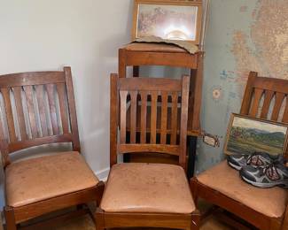 Set of 4 Stickley Mission Side Chairs with Tan Leather Seat