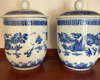 Pair of Dragon Blue & White Lidded Coffee/Tea Mugs