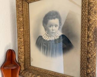 Ornately Framed 19th Century Charcoal Portrait of Girl