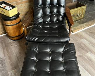 Mid Century Black Leather Lounge Chair and Ottoman