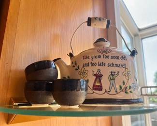 Set of 3 Brown Stoneware Teacups, Dutch Quote Teapot