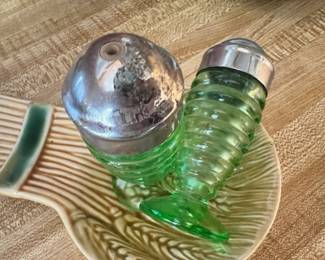 Ribbed Green Depression Glass Salt & Pepper Shakers