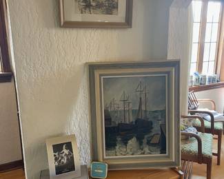Framed Harbor Scene Oil Painting by Borland