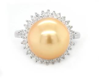NATURAL GOLDEN SOUTH SEA PERAL RING 12.49mm, DIAMONDS .66ct 18K