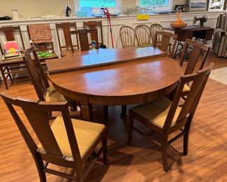 Dining table, circular or oval with leaves. Six chairs. Originally from Brownhelm farmhouse.