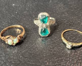 Antique art deco 14kt gold rings with opal and diamonds.