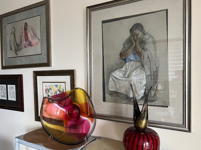Zuniga (two original pastel/crayon) Nicholson Art Glass..Lumi Art Glass