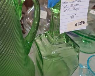 #258 Vintage Anchor Hocking Green Depression Glass Decanter w/Stopper $90.00