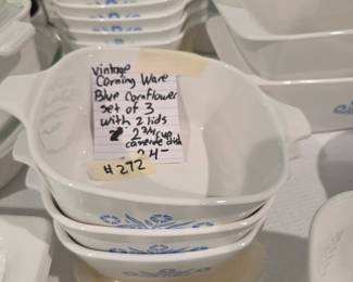 #272 Corning Ware Blue Cornflower Set of 3 W/lilds 2 3/4 Cup Casserole Dish $24.00
