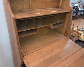 #77 Oak Flip-down Secretary Desk/Bookshelf w/top Beveled Mirror & Cubbies - 30x12-25x63 $125.00