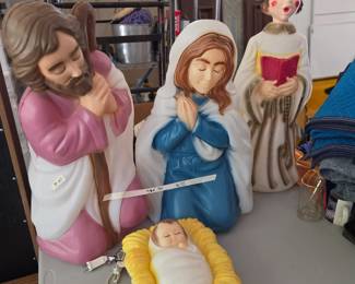 #167 Blow Mold Plastic Joseph Mary & Baby Jesus and an angel - 4 pc set $75.00