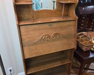 #77 Oak Flip-down Secretary Desk/Bookshelf w/top Beveled Mirror & Cubbies - 30x12-25x63 $125.00