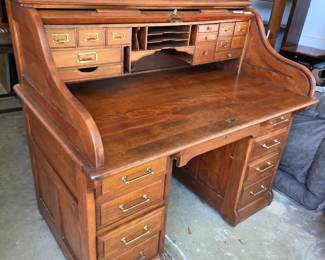 #165 Oak Roll-Top Desk w/cubbies w/9 drawers (as is finish) - You Move (goes out flat) w/key and locking (needs minor adjustment) 48x33x47 $225.00