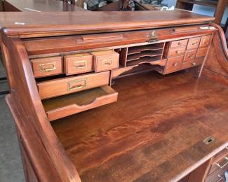 #165 Oak Roll-Top Desk w/cubbies w/9 drawers (as is finish) - You Move (goes out flat) w/key and locking (needs minor adjustment) 48x33x47 $225.00