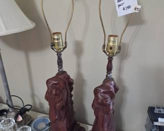 #92 Vtg. Brown Holland Horse Head pair of ceramic lamps $150.00