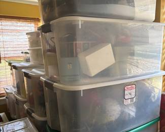bins full of holiday supplies. Empty bins will be for sale