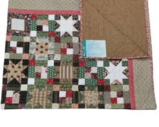 Queen Size Quilt Machine Stitched Stars Green Tan Red