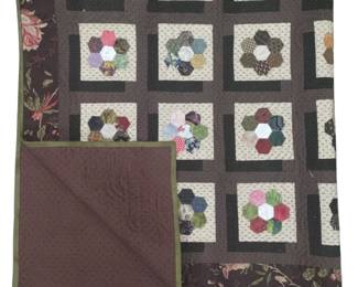 Quilt Hand Made Hand Pieced Hexagons Blue Green Tan