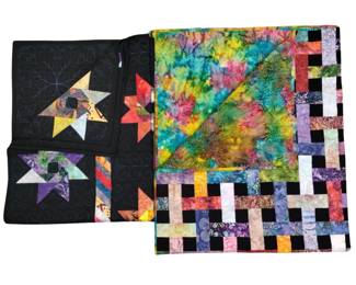 Throw Quilt Machine Stitched Black Jewel Tones Stars