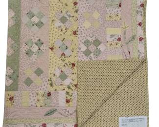 Quilt Machine Stitched Pale Pink Yellow Green Shabby Chic