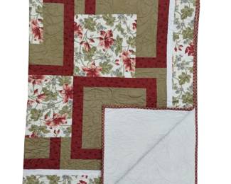 Quilt Machine Stitched Floral Tan Red Blue