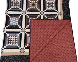 King Size Quilt Machine Stitched Dark Colors Burgundy Brown Blue