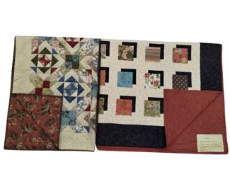 Throw Quilt Machine Stitched Tan Sage Green Squares Smaller is Hand Stitched