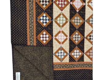 Full Queen Size Quilt Machine Stitched Navy Gold Squares