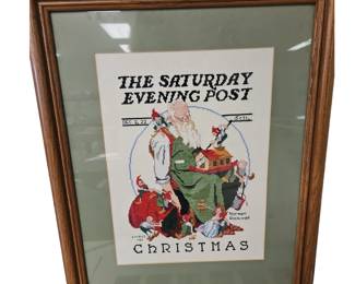 Framed Wall Art Cross Stitch Saturday Evening Post Santa Claus Norman Rockwell