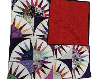 Queen Size Quilt Machine Stitched Purple Red Suns