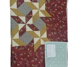 Full Twin Size Hand Stitched Quilt Red Gold Floral Stars