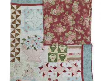 Quilt Machine Stitched Pink Blue Floral Baskets