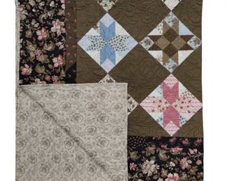 Quilt Machine Stitched Pink Brown Floral Blues