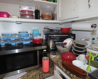 Pyrex, air fryer/toaster oven, microwave, hand mixer, Corning Ware,