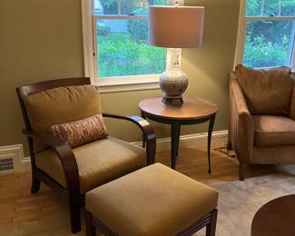 Ethan and Alan Wood and upholstered chair with ottoman