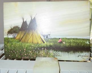 Vintage Teepee Landscape Painting on Onyx Marble, Artist Signed