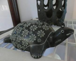 Natural Polished Etched Black Stone Turtle