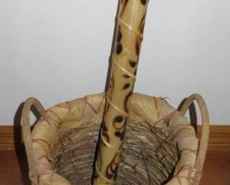 Bamboo Rain Stick, Vintage Hand-Woven Palm Bark Basket