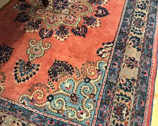 #30 - $900 - Persian Oriental rug Hand Woven Coral / Turquoise Antique Style 9'3 X 6.8