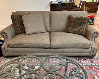 #6 - $600 - Century 3 cornerstone down wrapped sofa brown chevron upholstery 89x39Dx39T